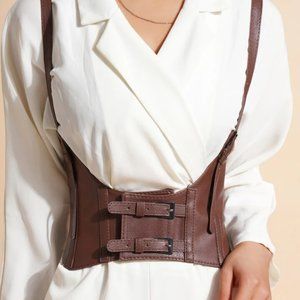 Women's Brown Wide Waist Faux Vegan Leather Corset Harness Suspenders Belt